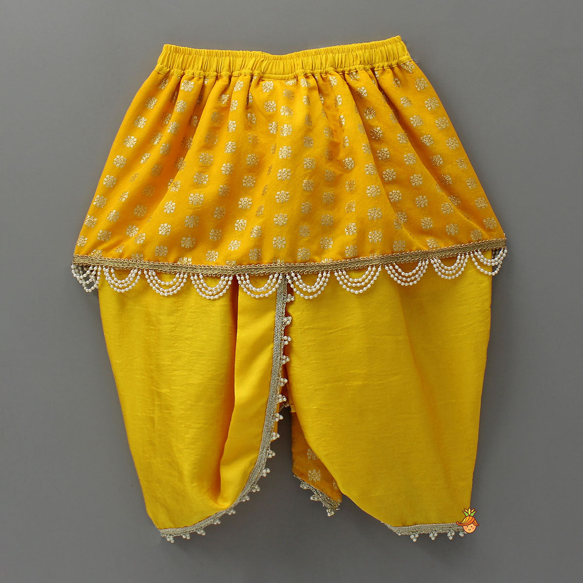 Pre Order: Traditional Brocade Dhoti Set With Matching Stole, Head Band, Basuri And Mala