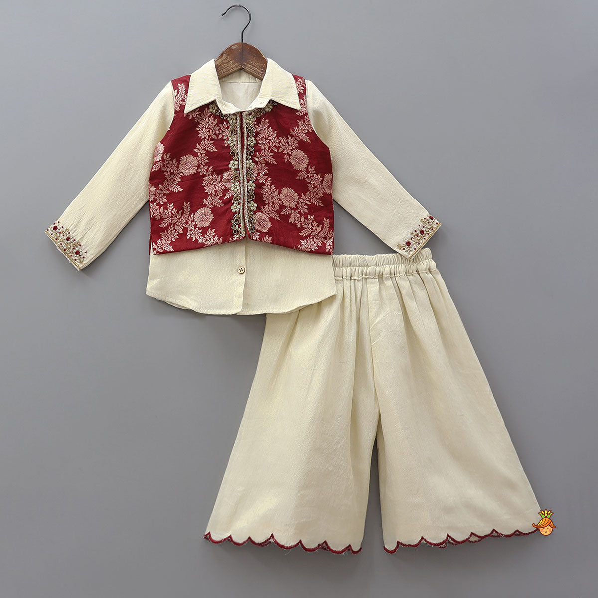 Pre Order: Collar Neck Kurti With Contrasting Jacket And Palazzo