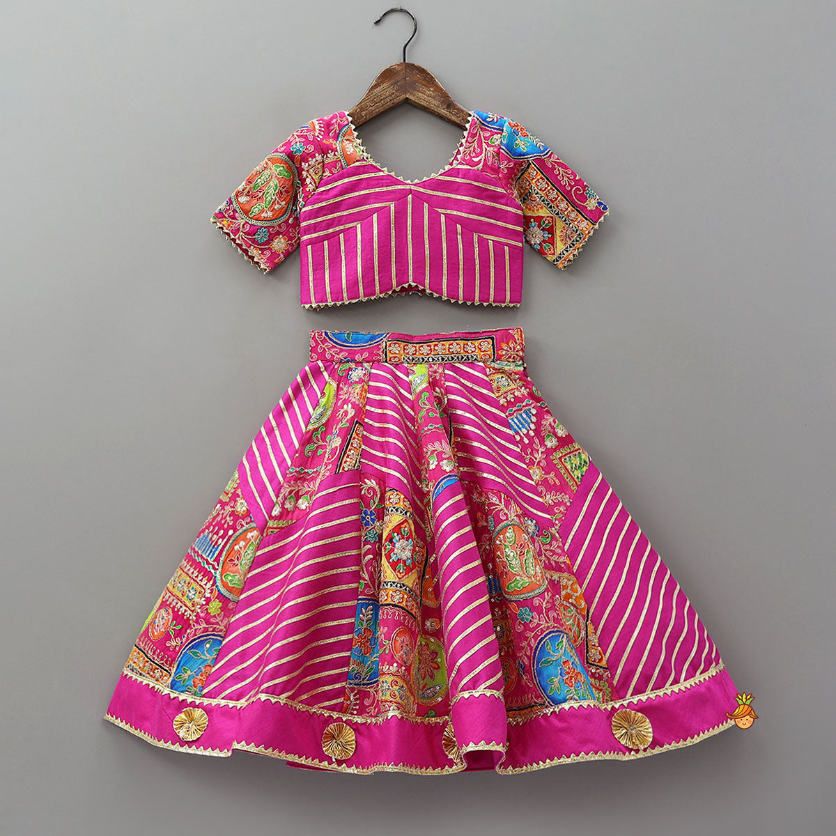 Printed And Embroidered Crop Top With Lehenga And Dupatta