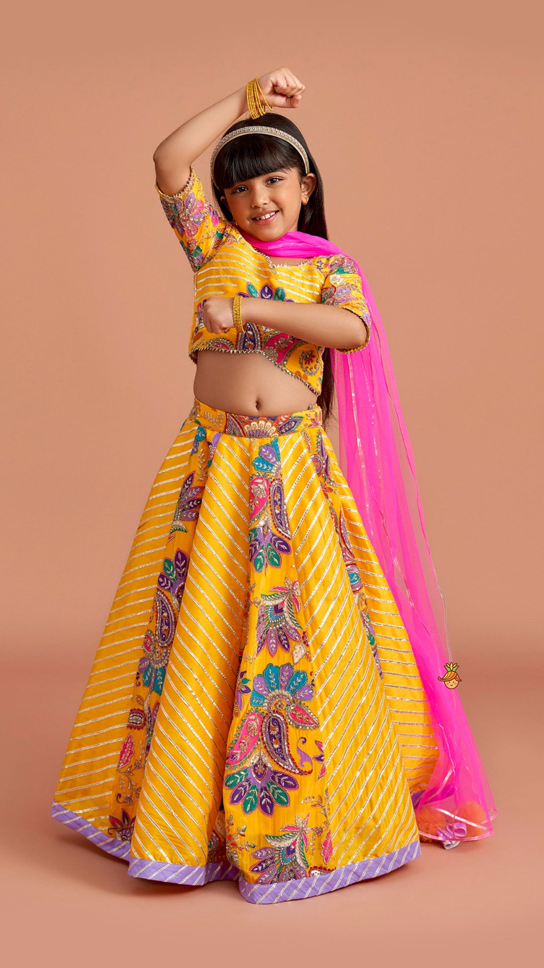Gota Lace Detailed Crop Top And Lehenga With Net Dupatta