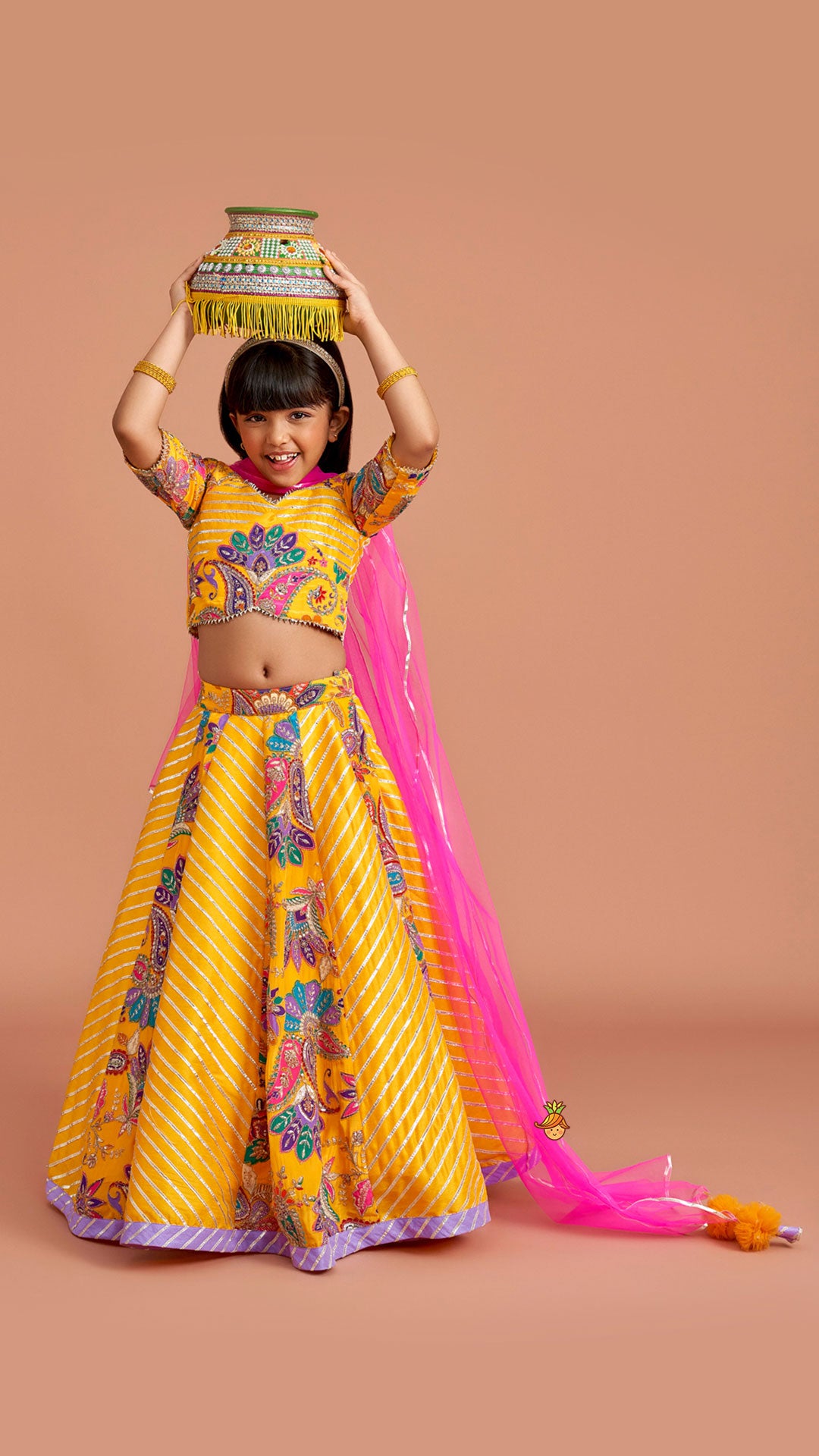 Gota Lace Detailed Crop Top And Lehenga With Net Dupatta