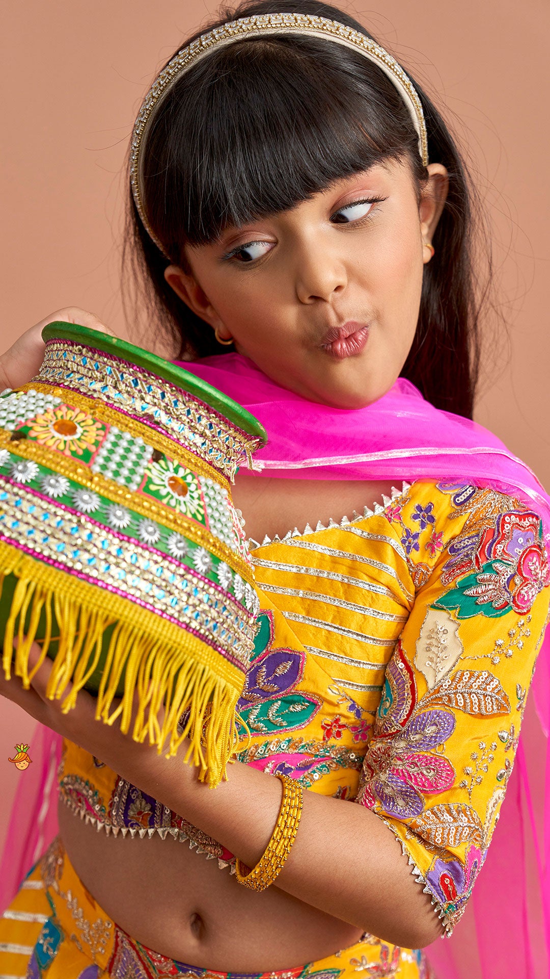 Gota Lace Detailed Crop Top And Lehenga With Net Dupatta