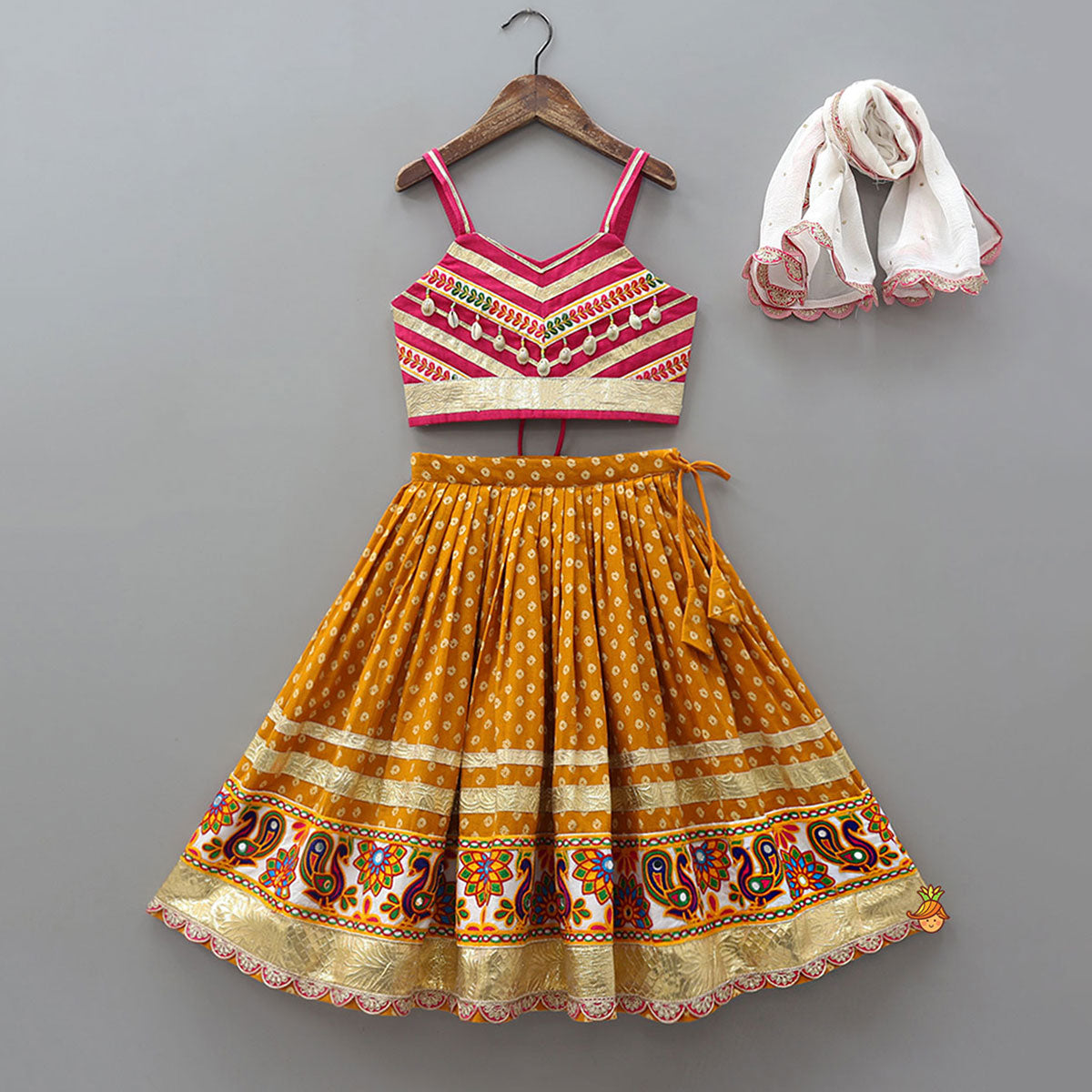 Strappy Crop Top And Mirror Work Lehenga With Dupatta