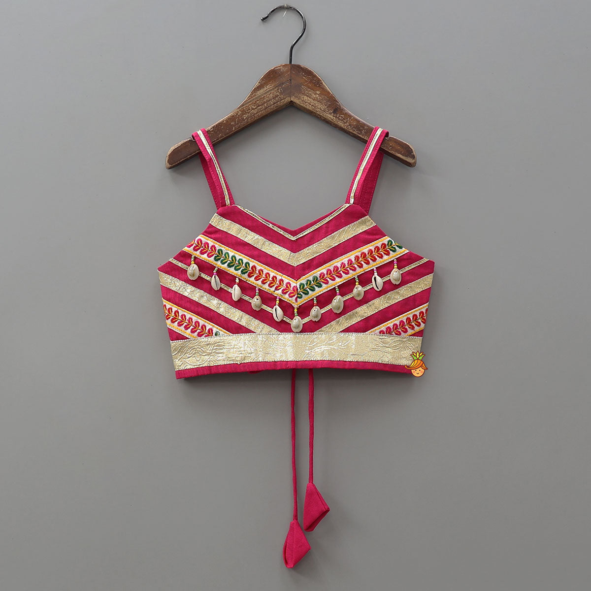 Strappy Crop Top And Mirror Work Lehenga With Dupatta