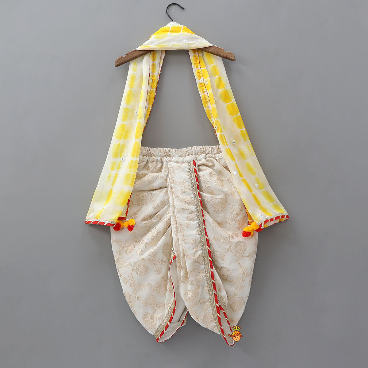 Pre Order: Festive Floral Brocade Dhoti Set With Tie Dye Stole And Waist Belt