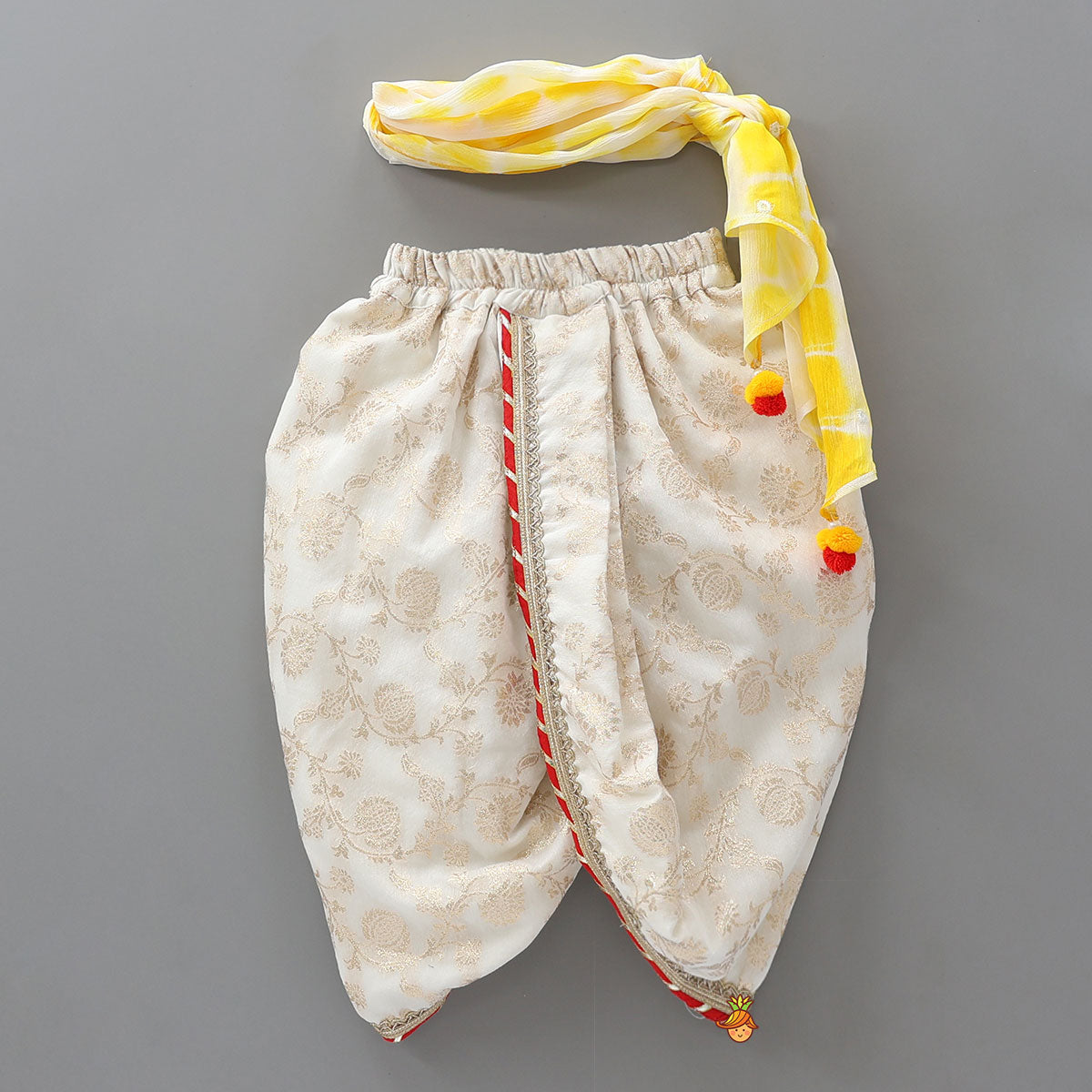Pre Order: Festive Floral Brocade Dhoti Set With Tie Dye Stole And Waist Belt