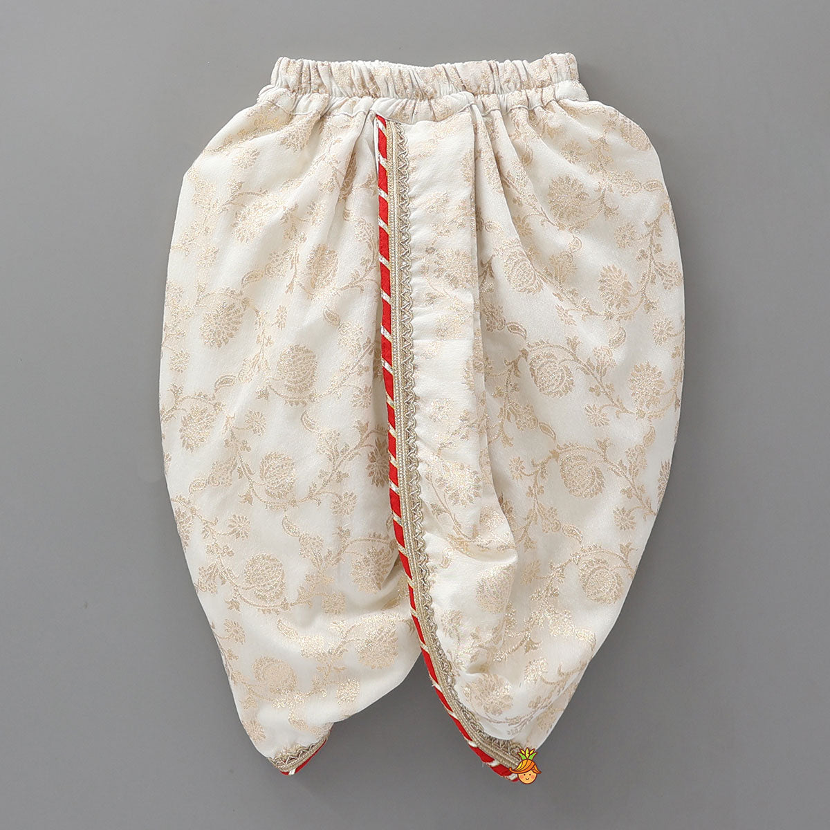 Pre Order: Festive Floral Brocade Dhoti Set With Tie Dye Stole And Waist Belt