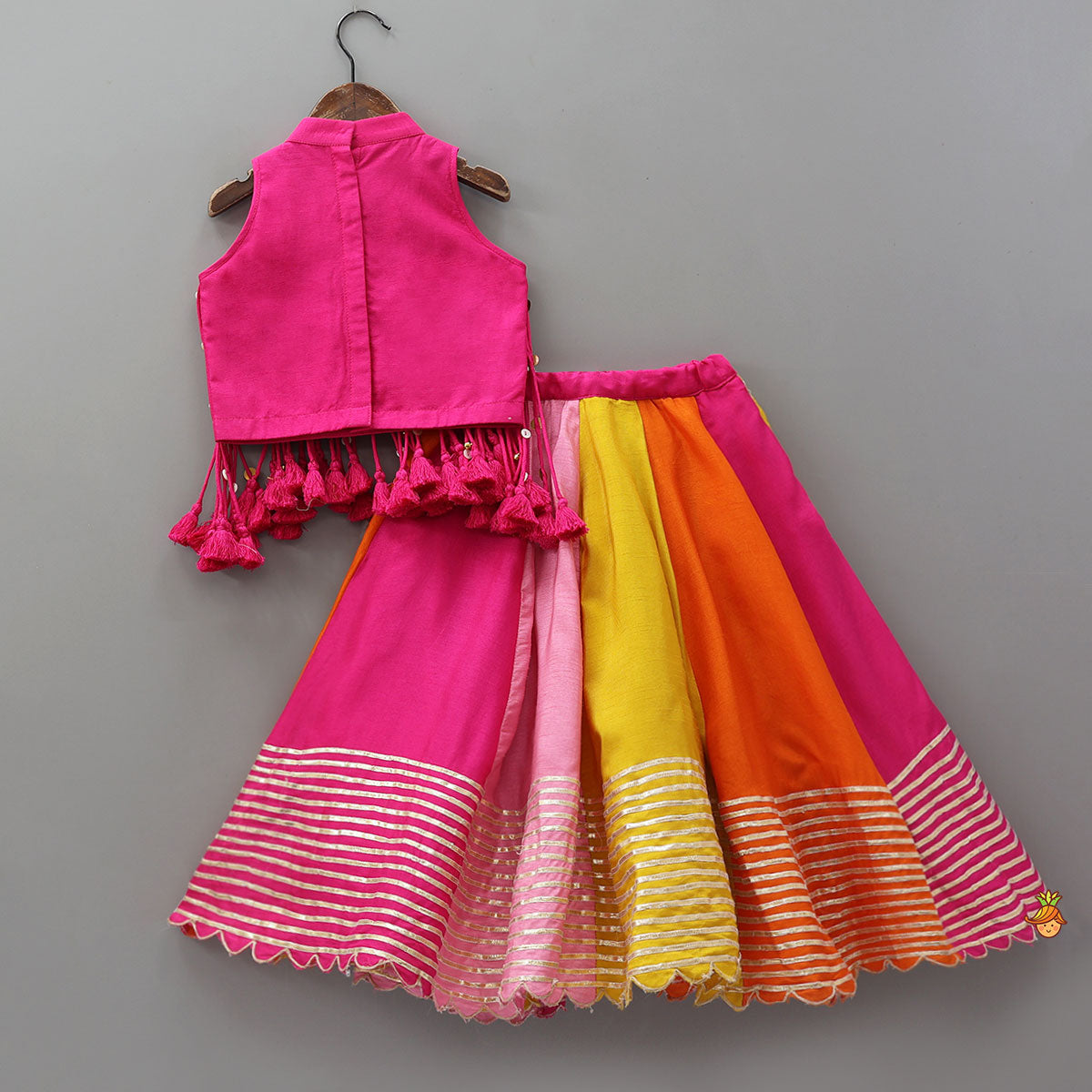 Multiple Hanging Tassel Detail Crop Top And Colourful Lehenga