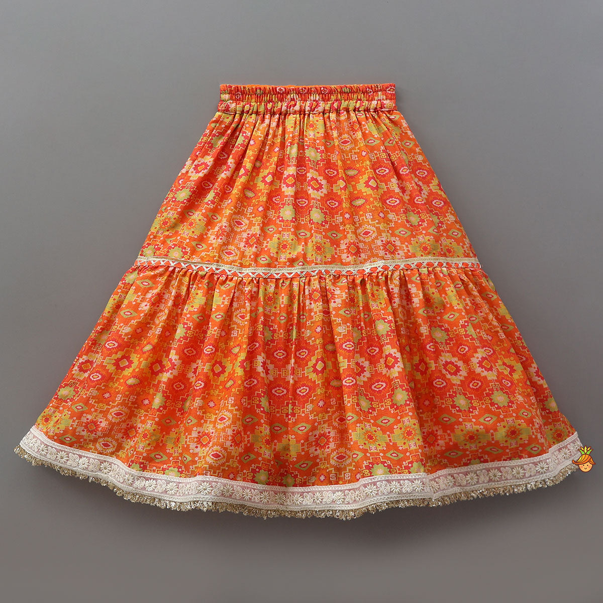 Pre Order: Lace detailed Angarakha Top With Printed Lehenga