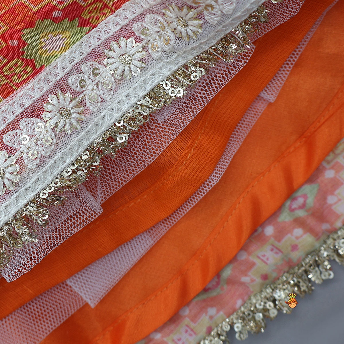 Pre Order: Lace detailed Angarakha Top With Printed Lehenga