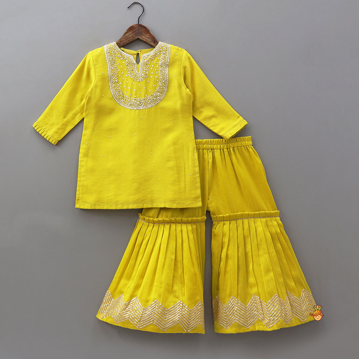 Pre Order: Yoke Embroidered Kurti And Pleated Sharara With Matching Dupatta