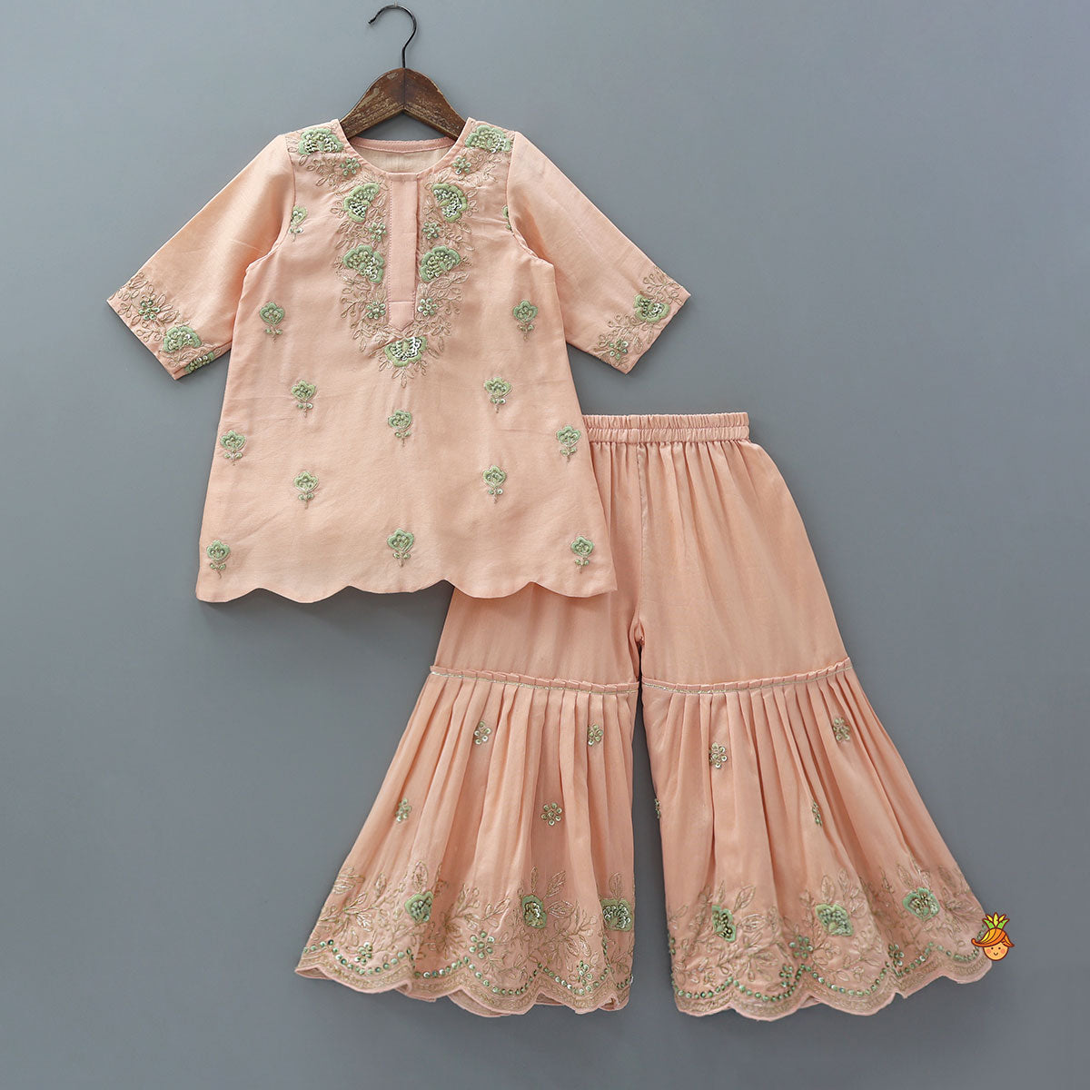 Pre Order: Floral Intricate Zari Embroidered Kurti And Sharara