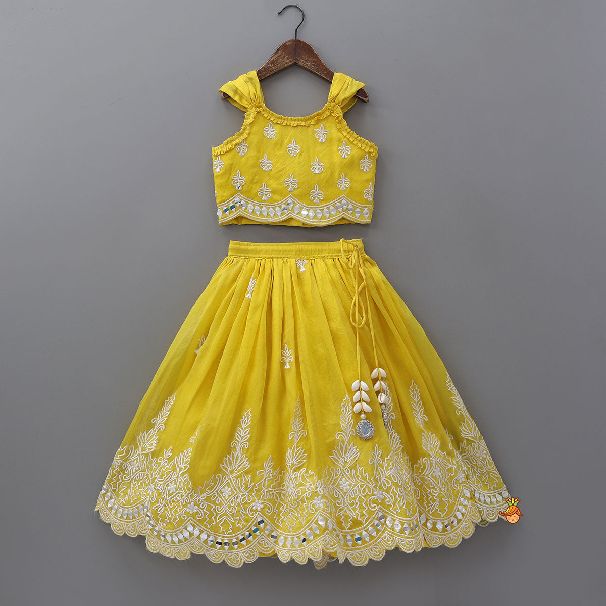 Pre Order: Faux Mirror Work Organza Crop Top And Lehenga