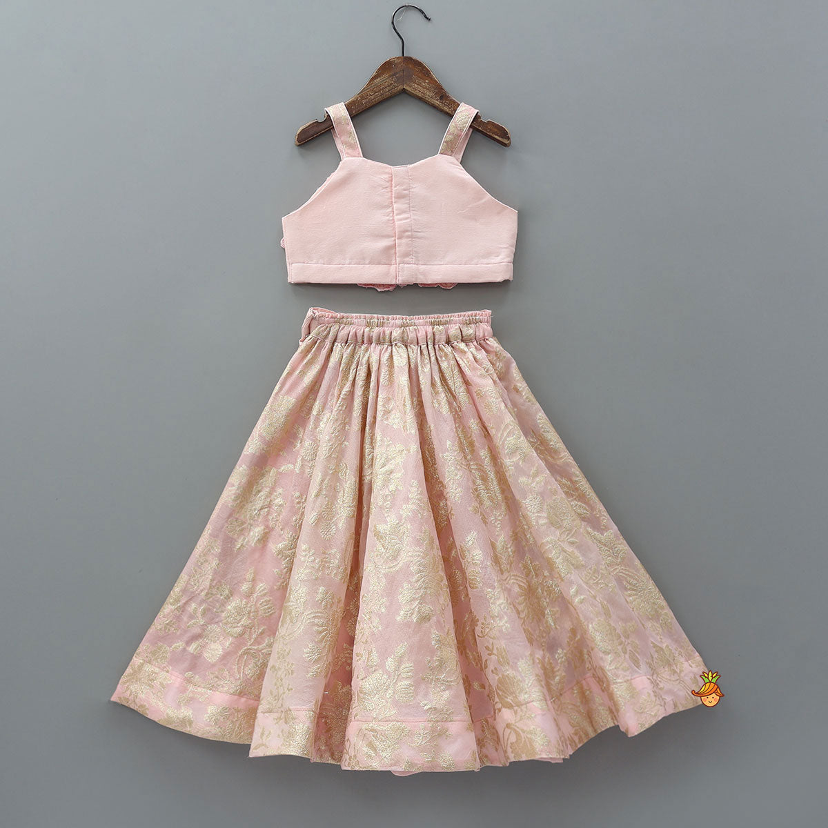 Pre Order: Fabric Flower Embellished Chanderi Crop Top And Lehenga With Net Dupatta