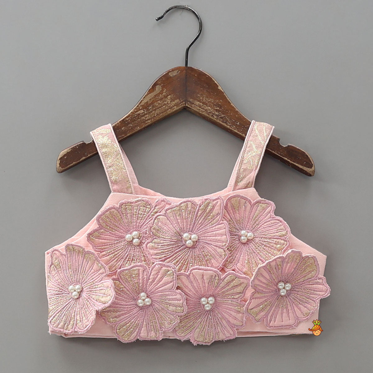 Pre Order: Fabric Flower Embellished Chanderi Crop Top And Lehenga With Net Dupatta