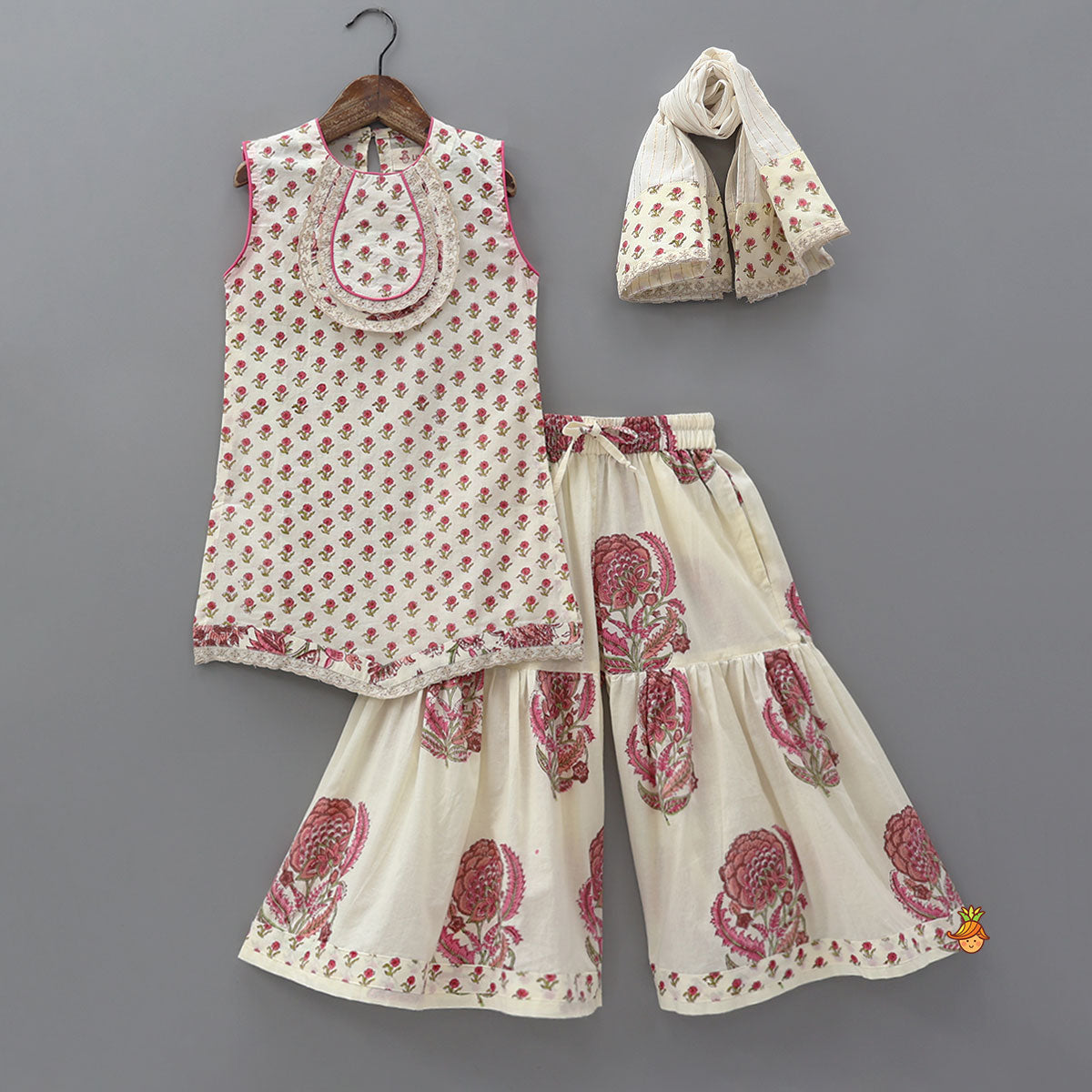 Floral Stylish Kurti And Insert Pocket Sharara With Matching Dupatta