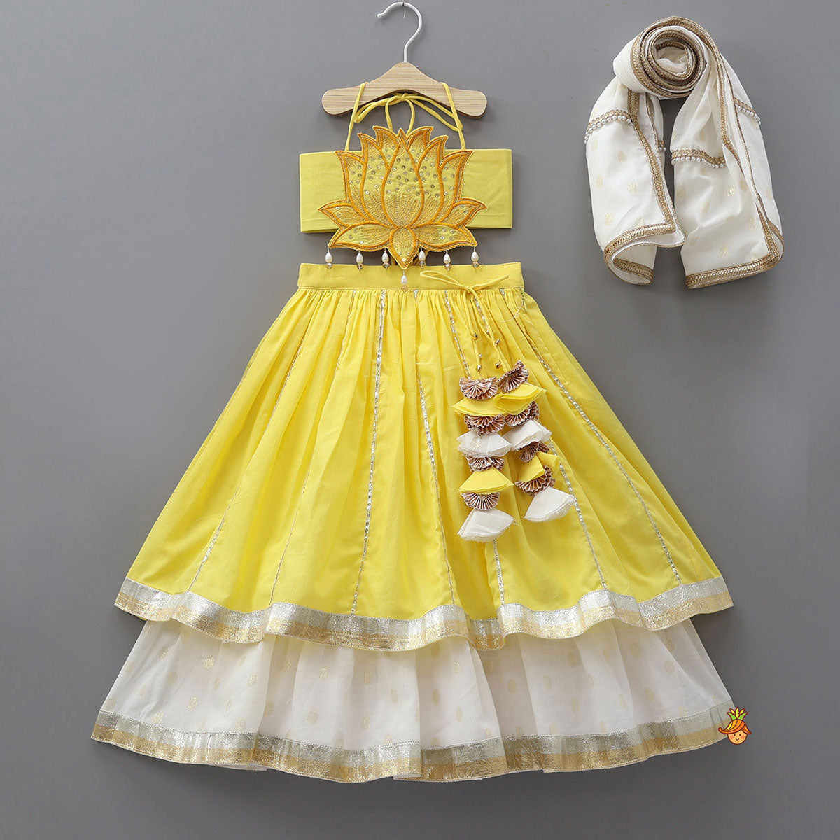 Pre Order: Lotus Applique Work Crop Top And Layered Lehenga With Dupatta And Matching Headband