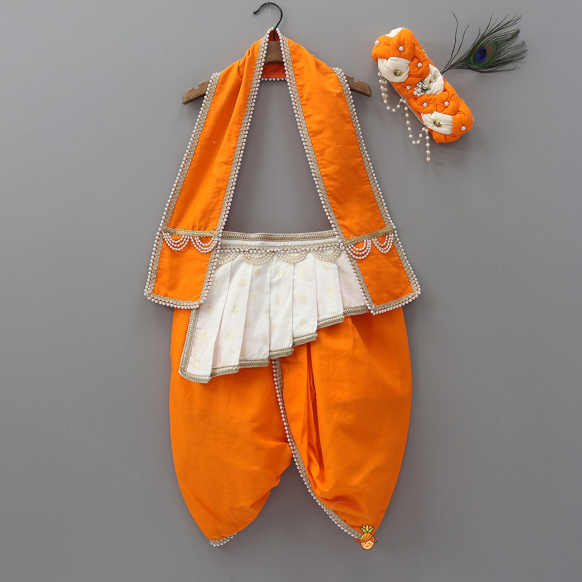 Pre Order: Festive Dhoti Set With Matching Stole And Waist Belt With Headband