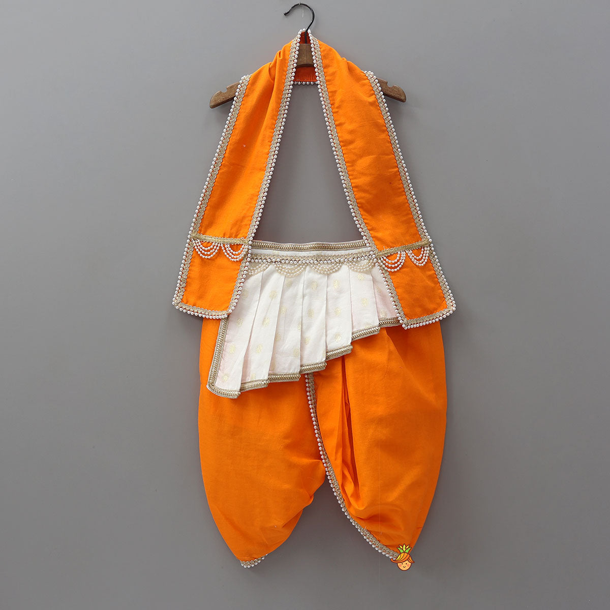 Pre Order: Festive Dhoti Set With Matching Stole And Waist Belt With Headband