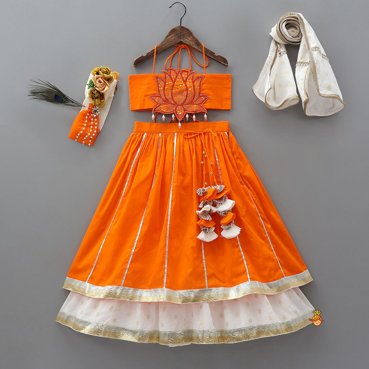 Pre Order: Lotus Applique Work Cotton Crop Top And Layered Lehenga With Dupatta And Matching Headband