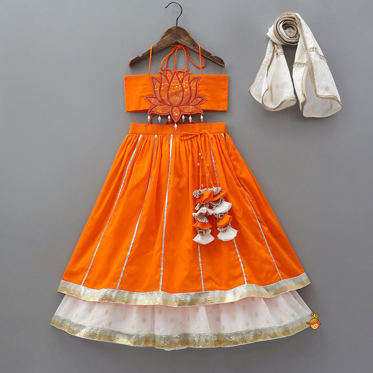 Pre Order: Lotus Applique Work Cotton Crop Top And Layered Lehenga With Dupatta