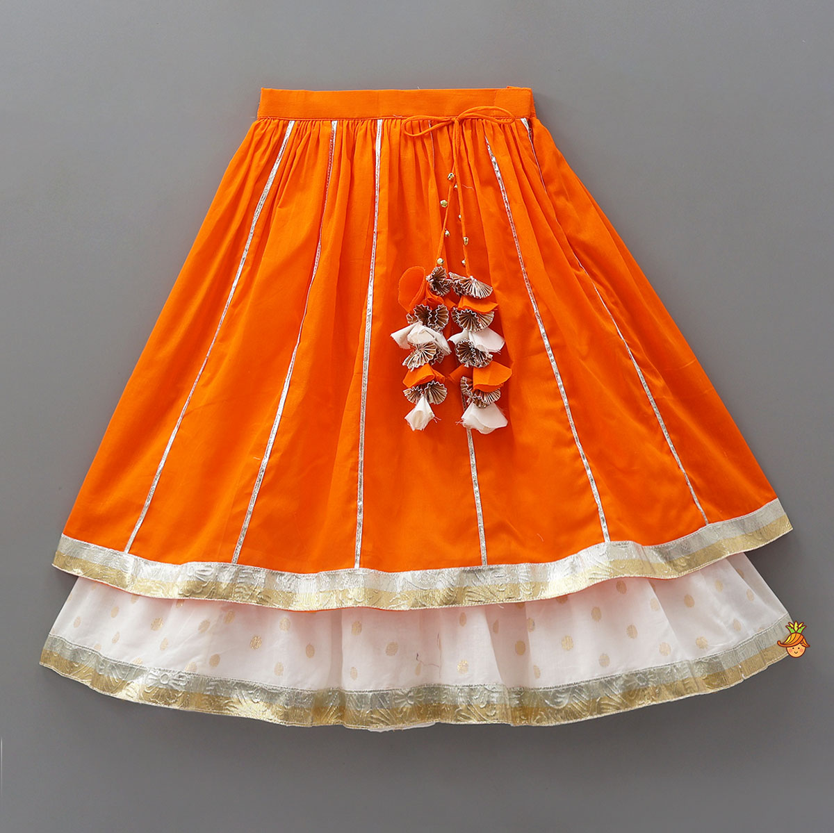 Pre Order: Lotus Applique Work Cotton Crop Top And Layered Lehenga With Dupatta And Matching Headband
