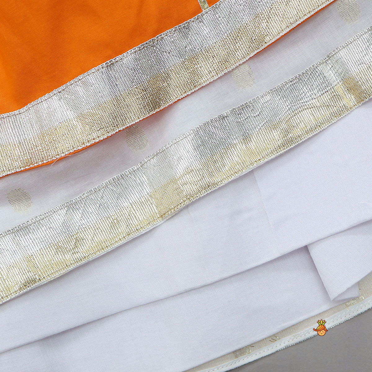 Pre Order: Lotus Applique Work Cotton Crop Top And Layered Lehenga With Dupatta And Matching Headband