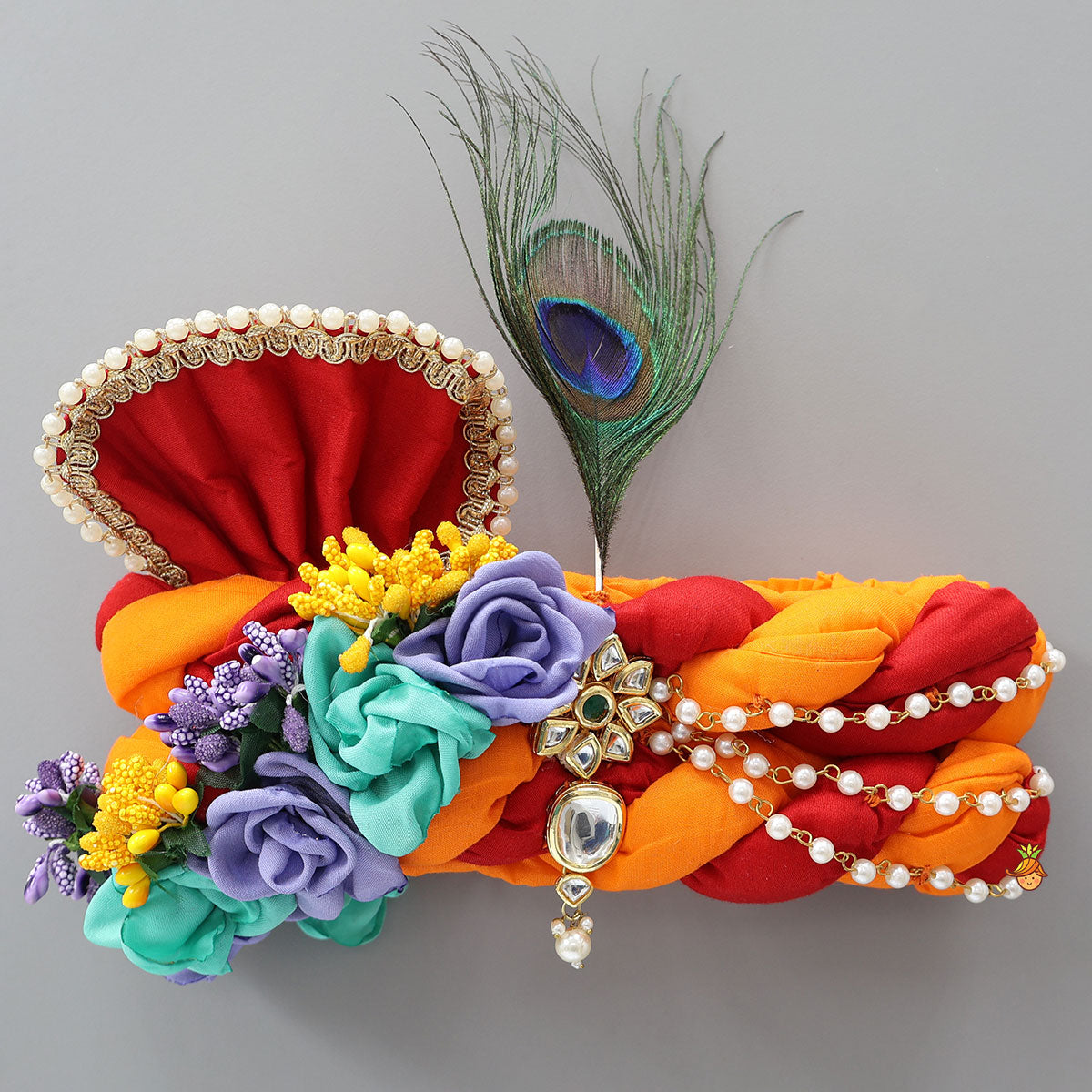 Fabric Flower-Embellished Headband With Detachable Mor Pankh