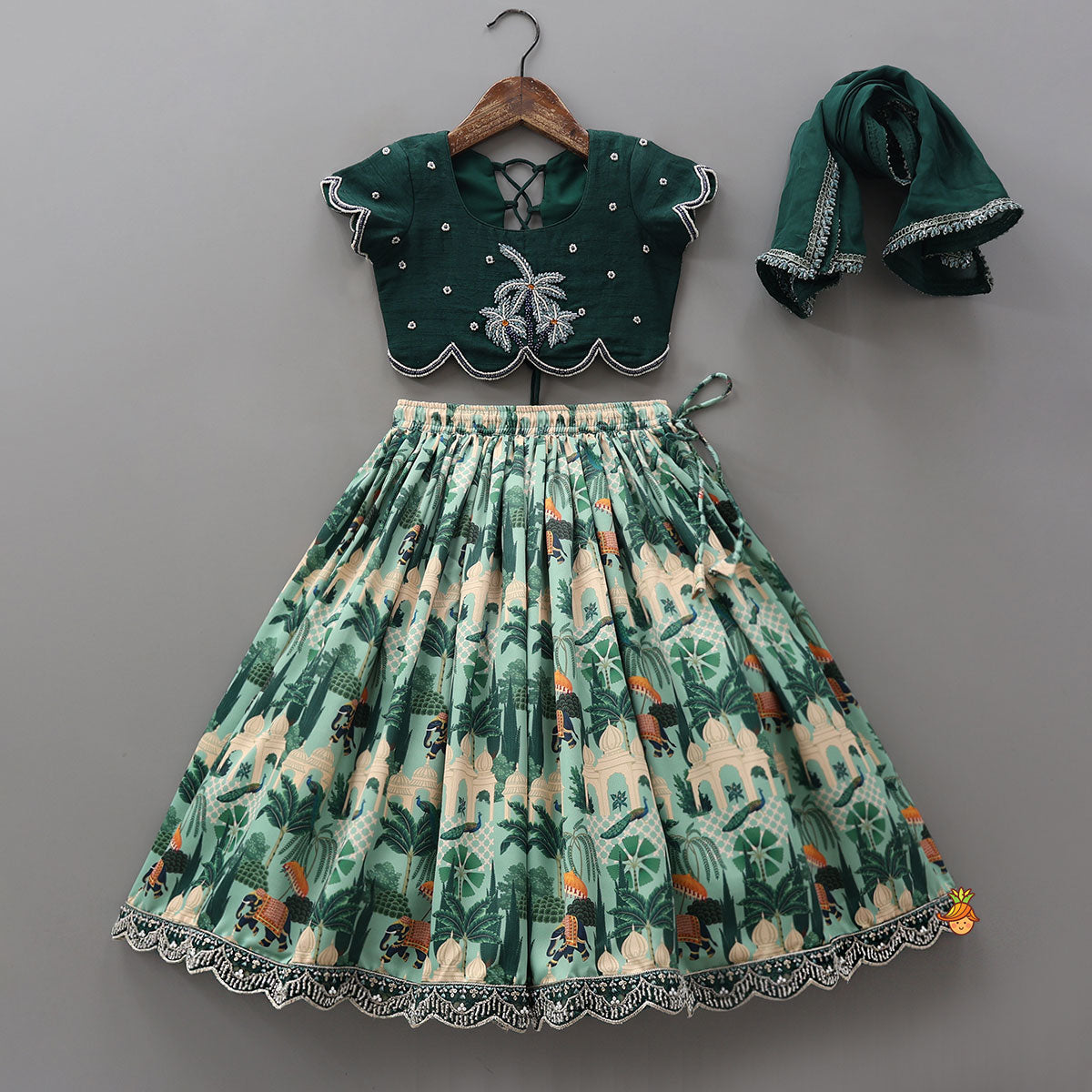 Pre Order: Scalloped Hem Crop Top And Printed Lehenga With Matching Dupatta