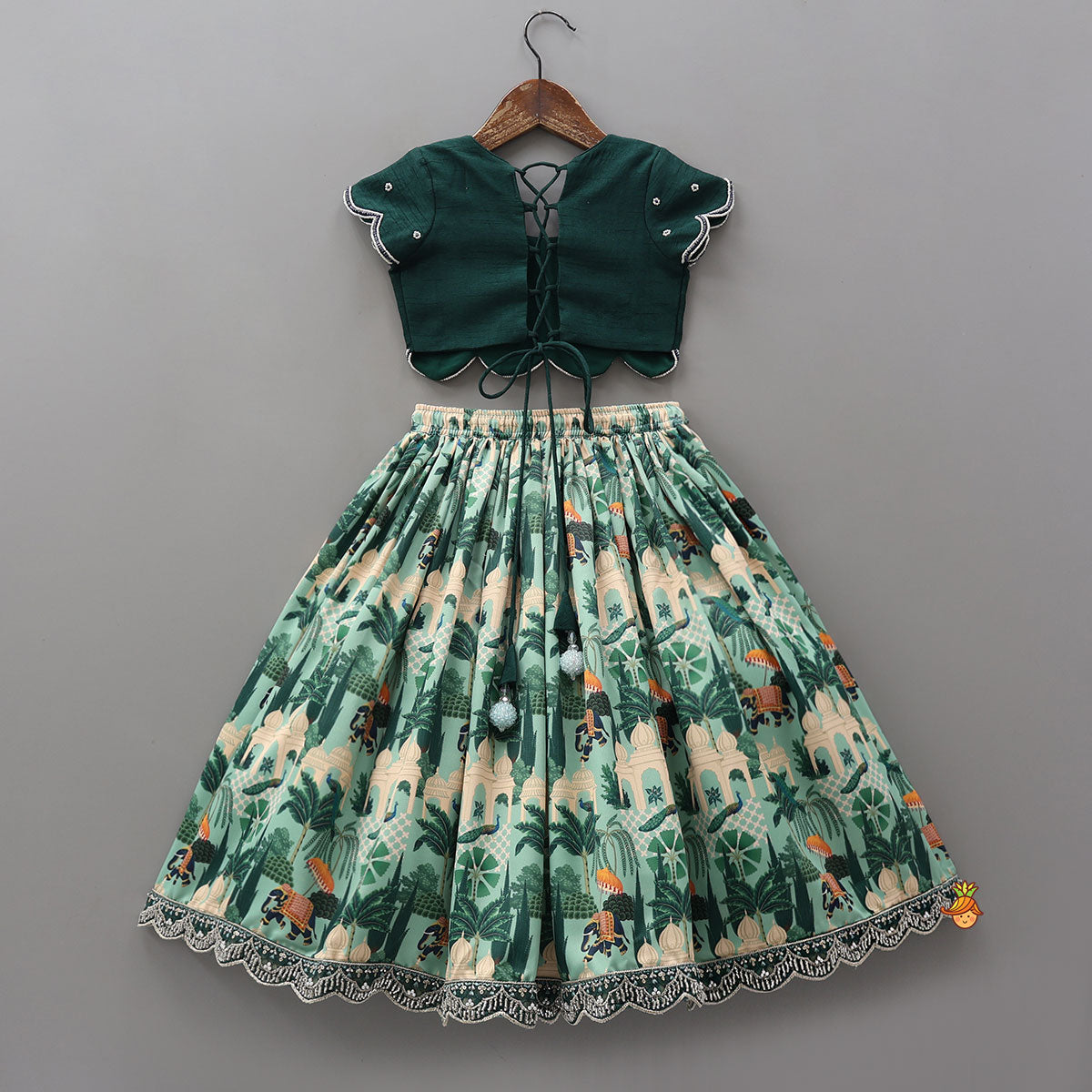 Pre Order: Scalloped Hem Crop Top And Printed Lehenga With Matching Dupatta