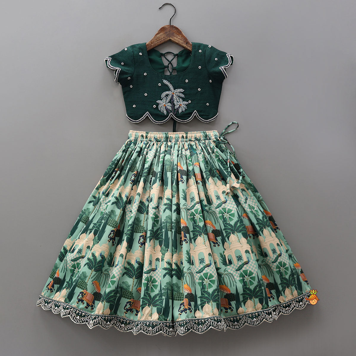 Pre Order: Scalloped Hem Crop Top And Printed Lehenga With Matching Dupatta