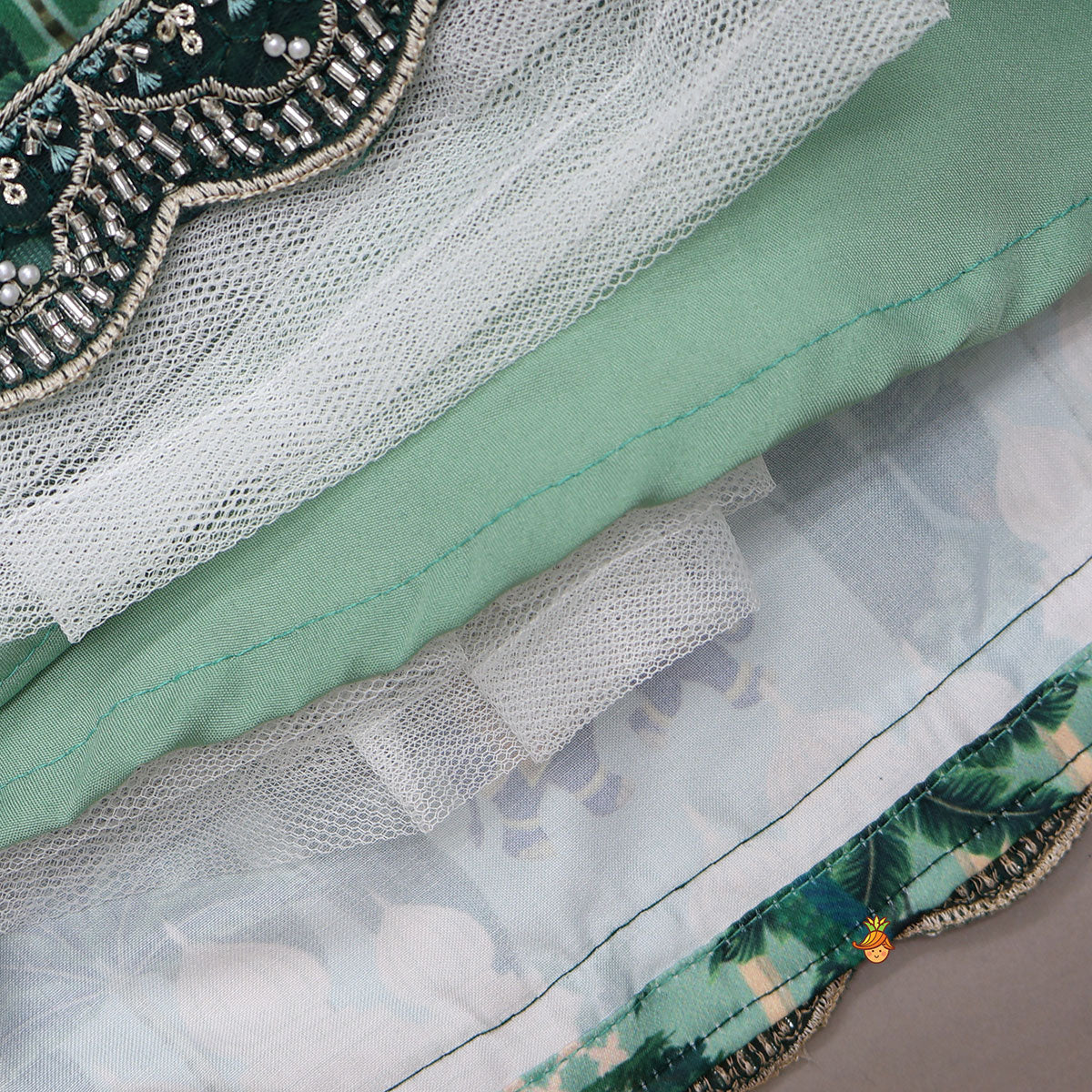 Pre Order: Scalloped Hem Crop Top And Printed Lehenga With Matching Dupatta
