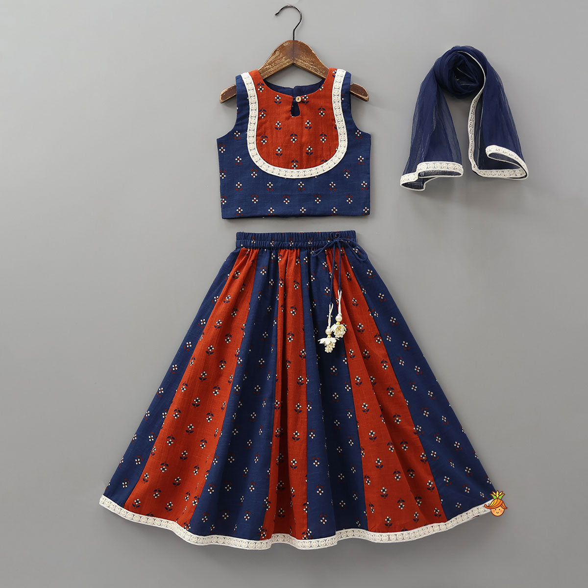 Contrasting Yoke Top And Lehenga With Net Dupatta