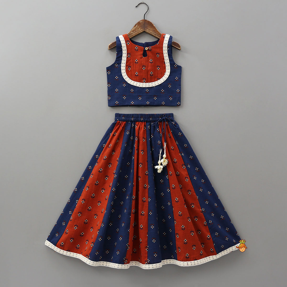 Contrasting Yoke Top And Lehenga With Net Dupatta