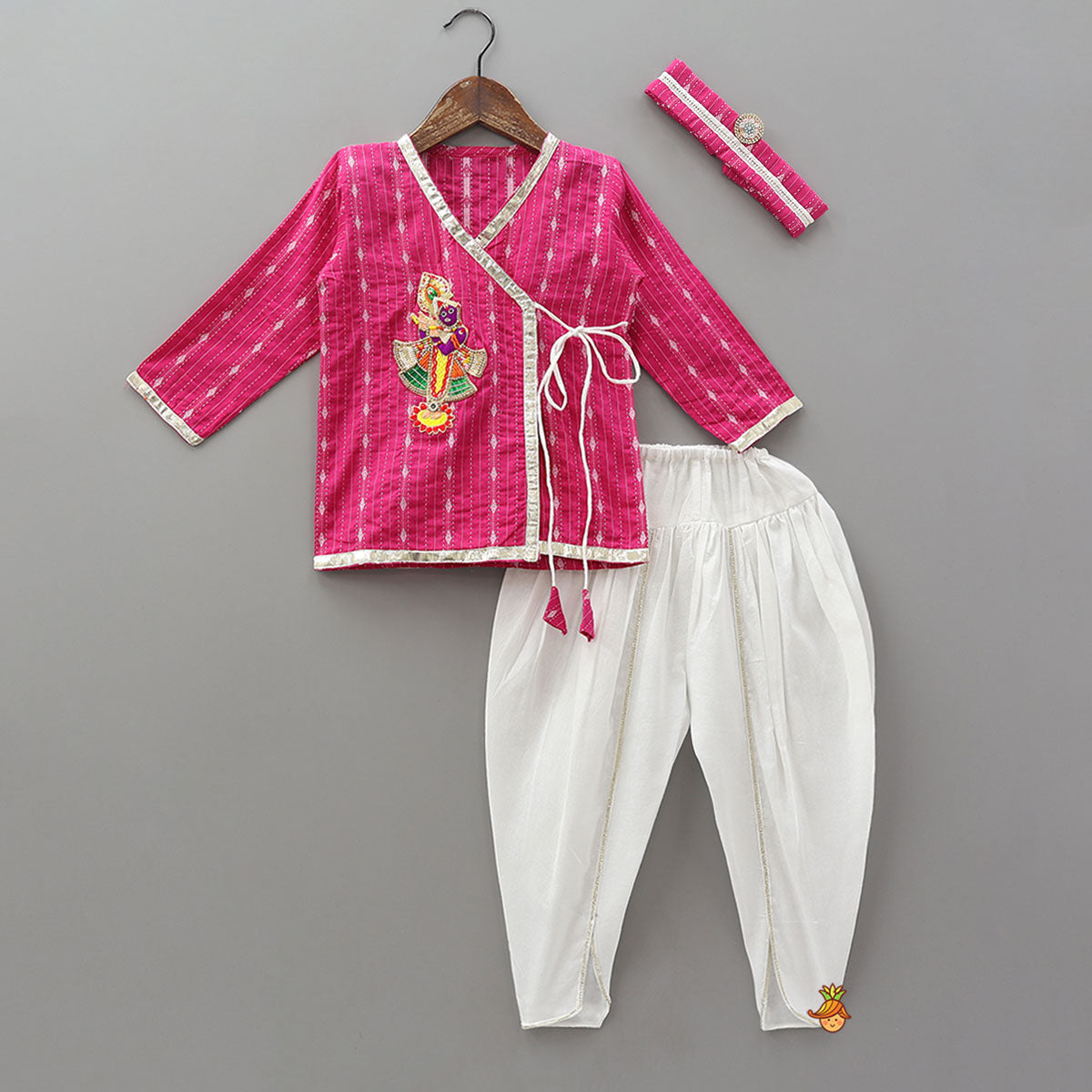 Pre Order: Krishna Hand Embroidered Kurta And Dhoti Style Pant With Matching Mukut