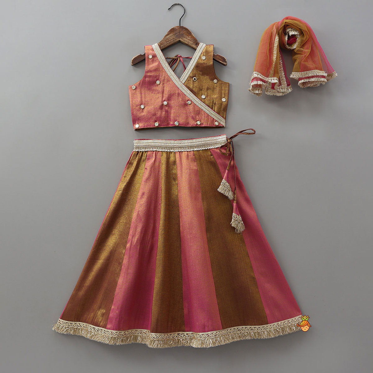 Pre Order: Sequin Lace Detailed Shimmery Crop Top And Lehenga With Net Dupatta
