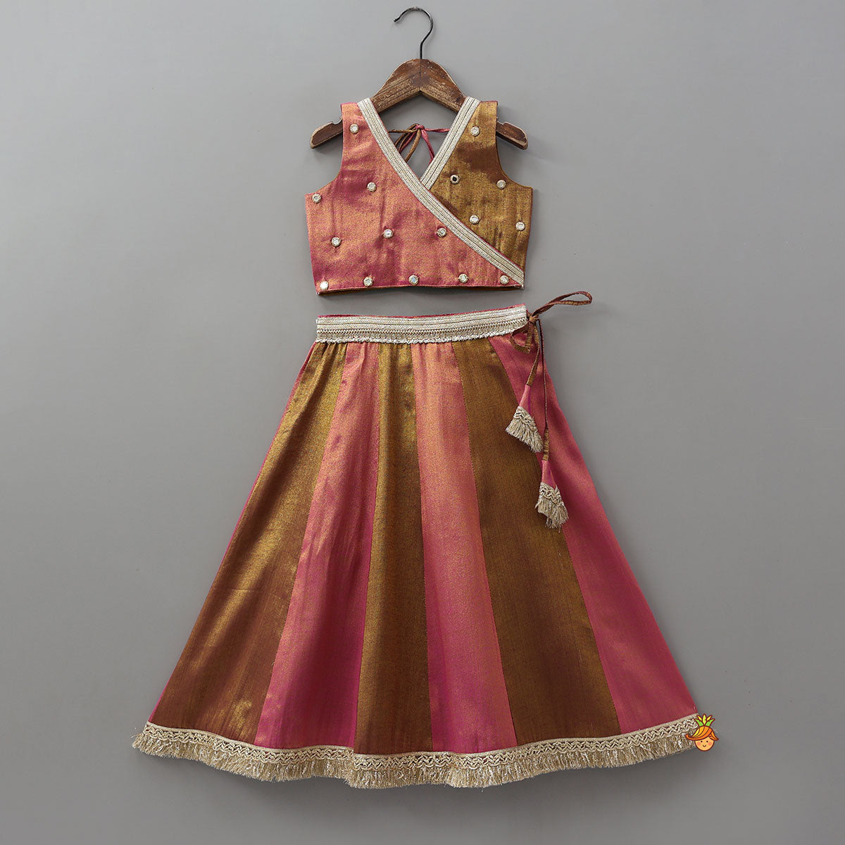 Pre Order: Sequin Lace Detailed Shimmery Crop Top And Lehenga With Net Dupatta