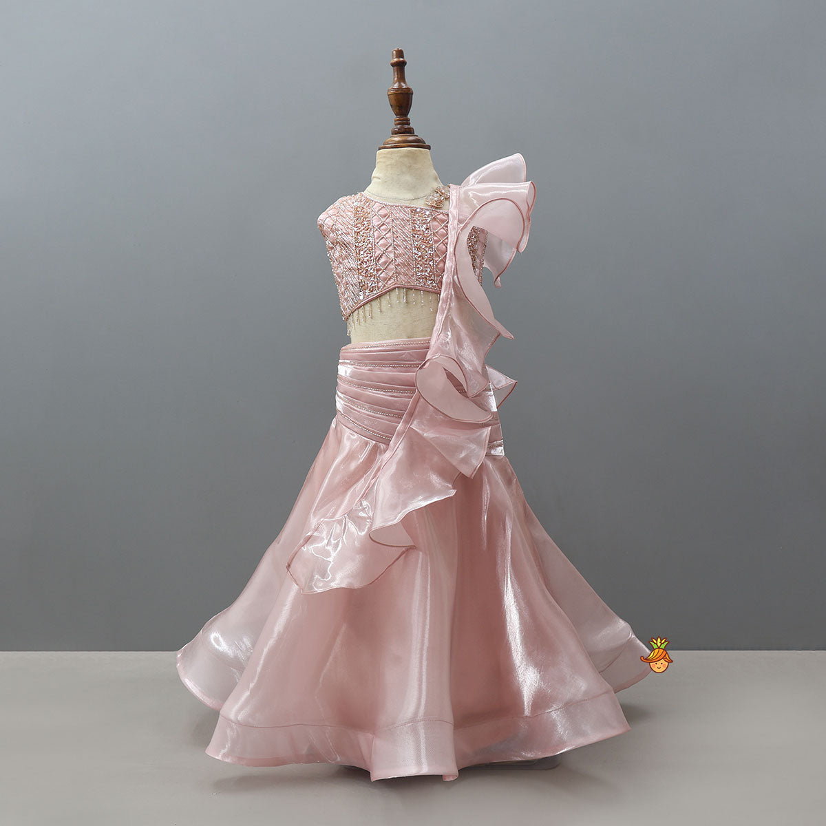 Pre Order: Gorgeous Sheen One Shoulder Crop Top And Lehenga With Stylish Ruffle Dupatta