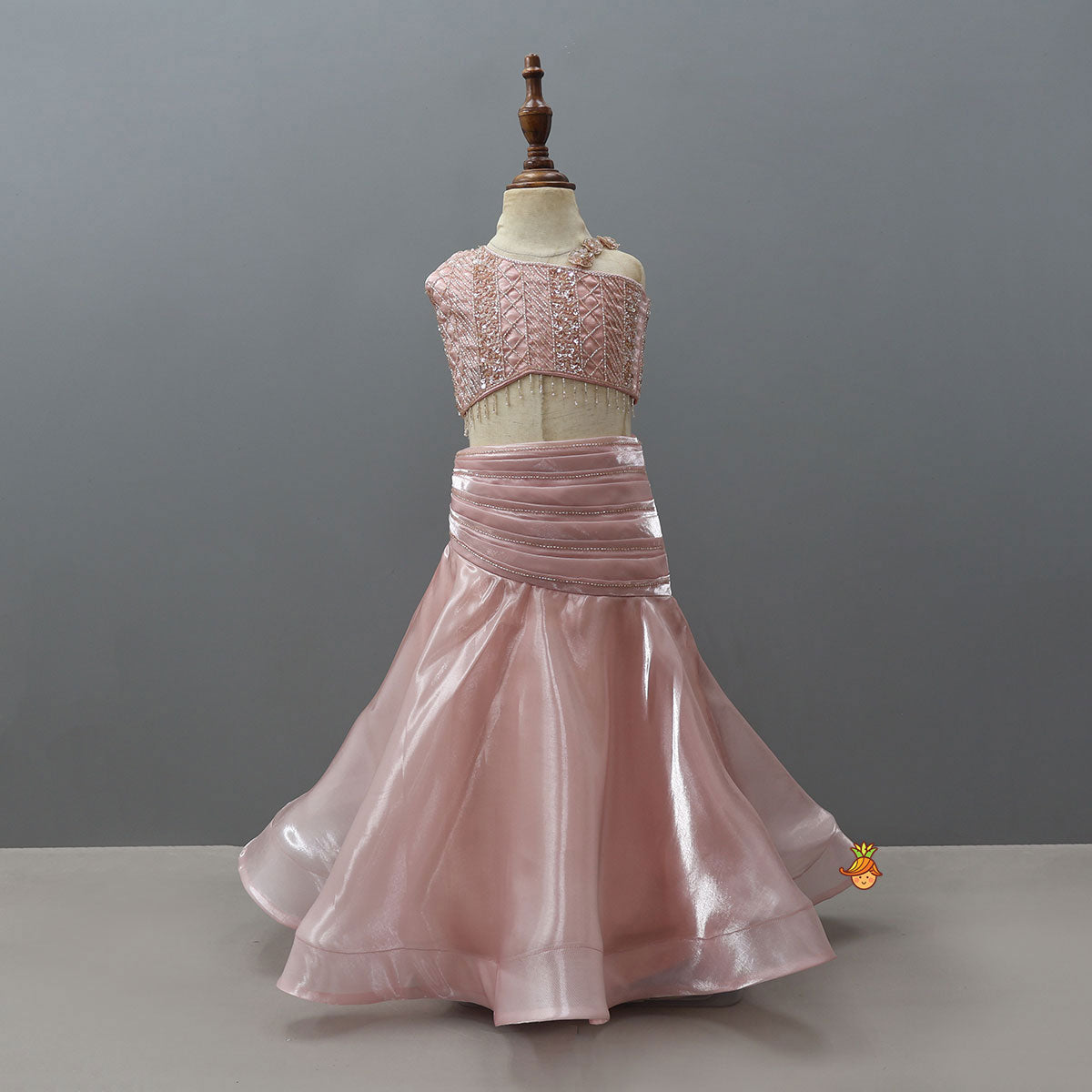 Pre Order: Gorgeous Sheen One Shoulder Crop Top And Lehenga With Stylish Ruffle Dupatta