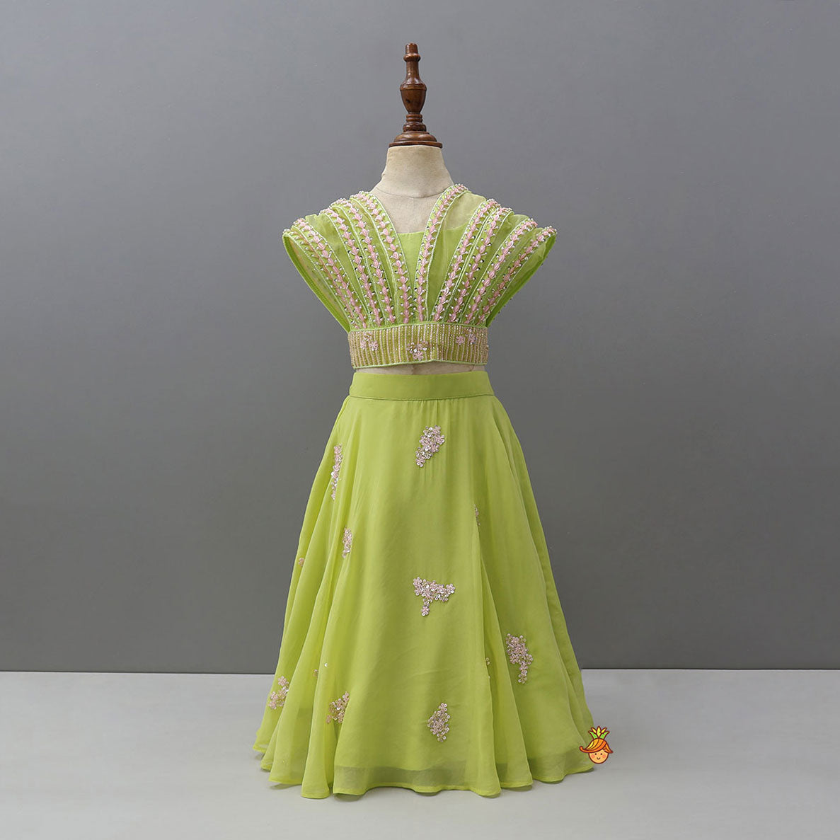 Pre Order: Top With Statement Cape And Floral Embroidered Flared Lehenga