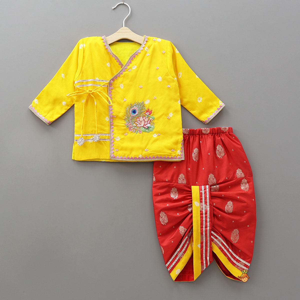 Pre Order: Silk Angarkha Style Kurta With Dhoti And Matching Mukut
