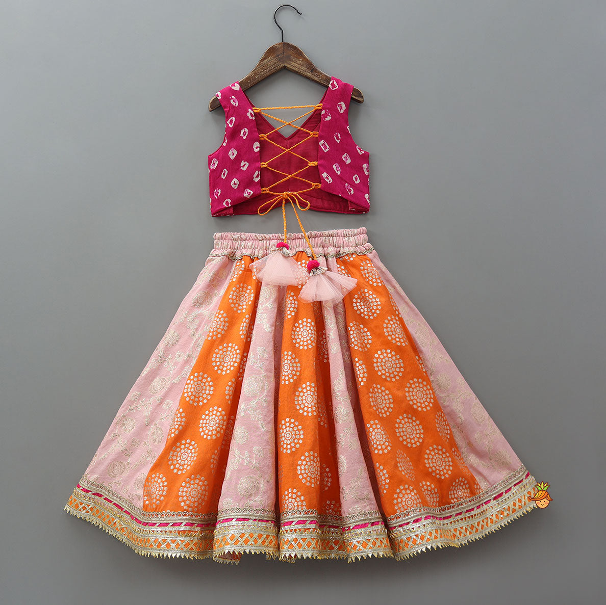 Pre Order: Criss-Cross Knot Tie-Up Crop Top And Lehenga With Sheen Dupatta