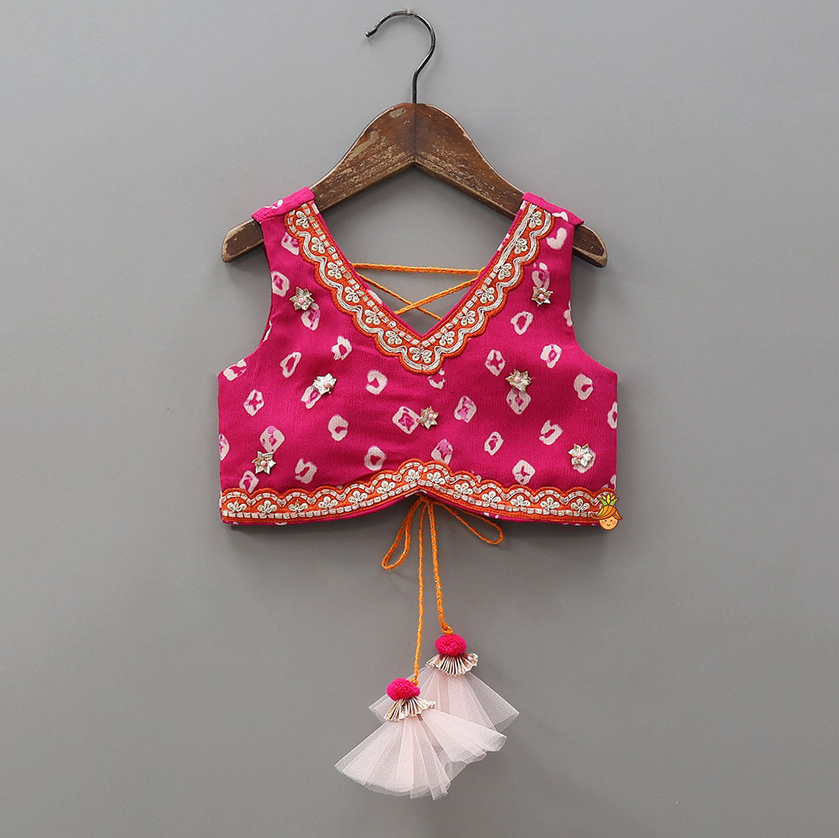 Pre Order: Criss-Cross Knot Tie-Up Crop Top And Lehenga With Sheen Dupatta