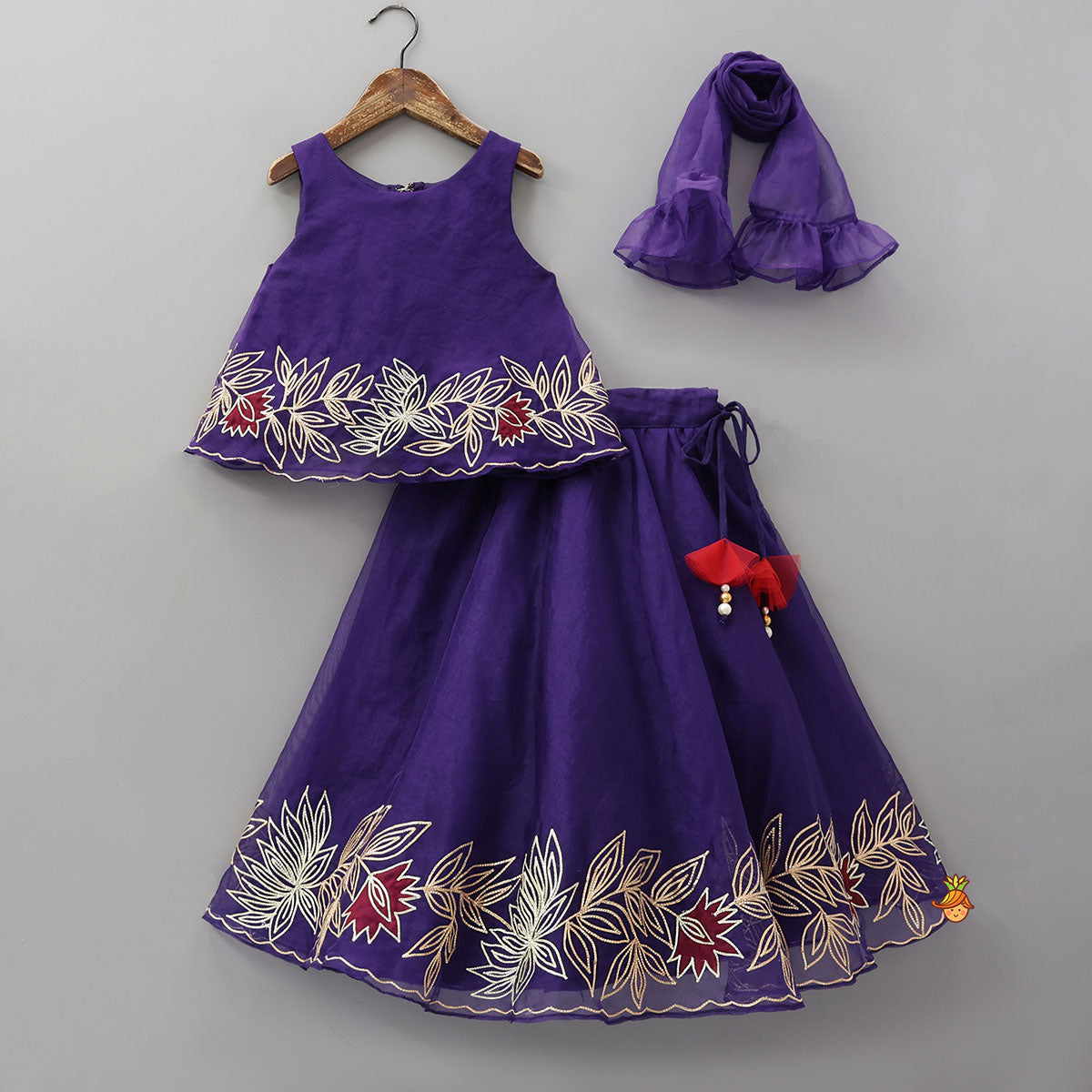 Pre Order: Floral Embroidered Top And Lehenga With Ruffled Dupatta