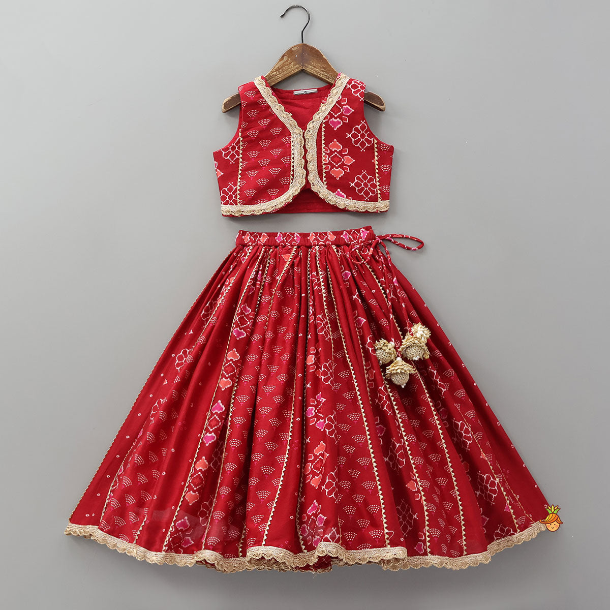 Pre Order: Printed Lace Work Chanderi Crop Top And Lehenga