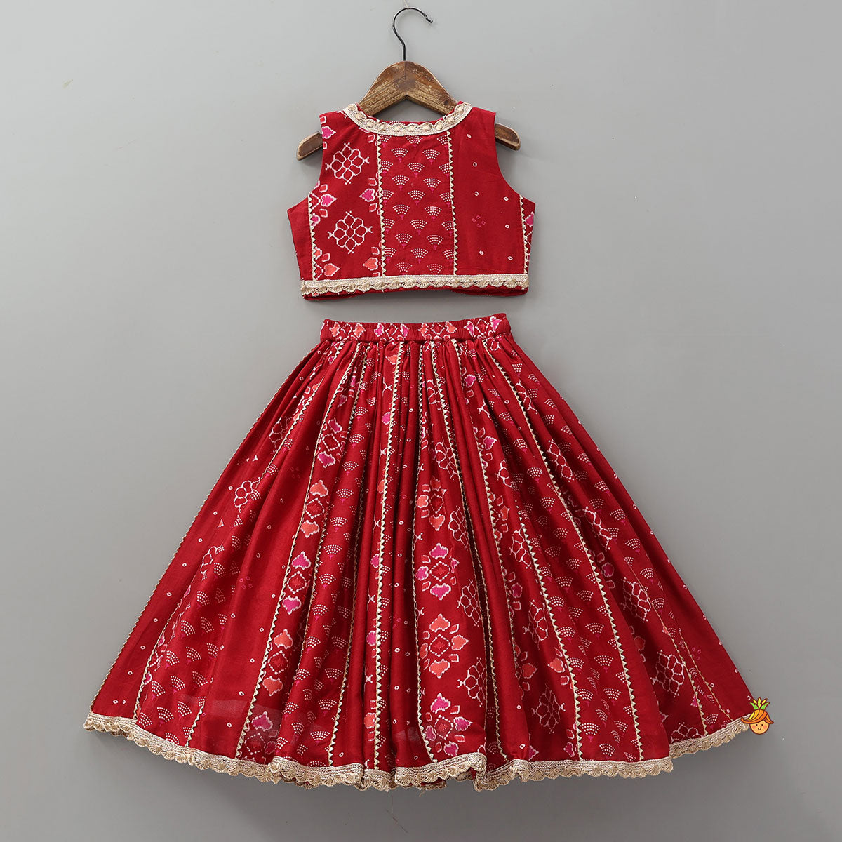 Pre Order: Printed Lace Work Chanderi Crop Top And Lehenga