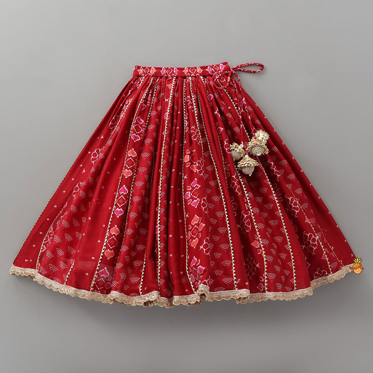 Pre Order: Printed Lace Work Chanderi Crop Top And Lehenga