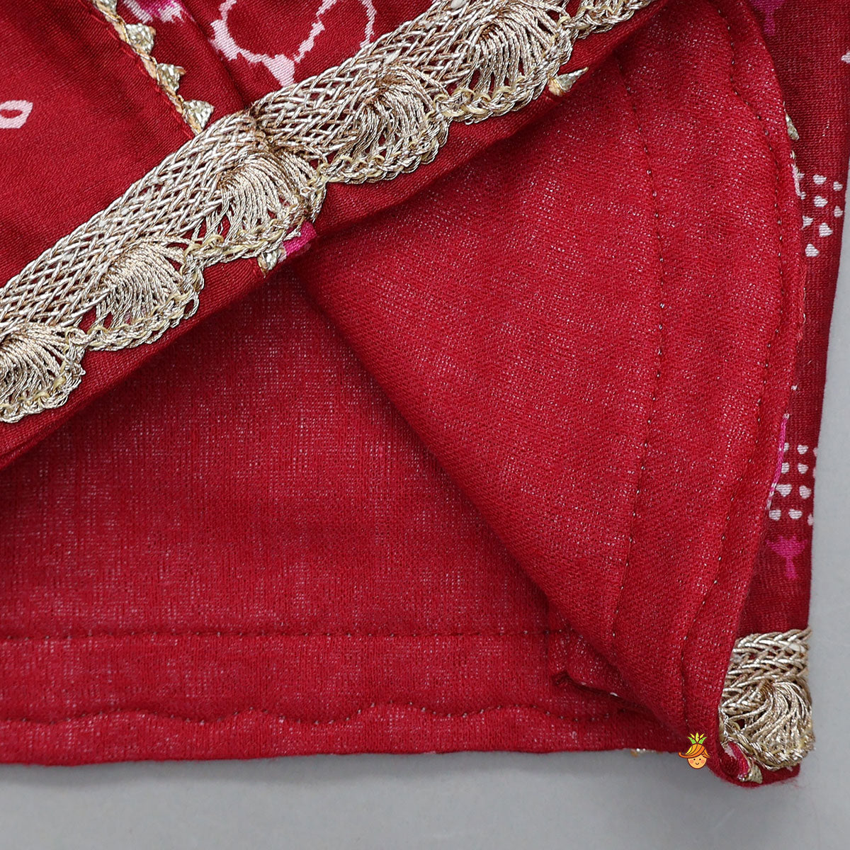 Pre Order: Printed Lace Work Chanderi Crop Top And Lehenga