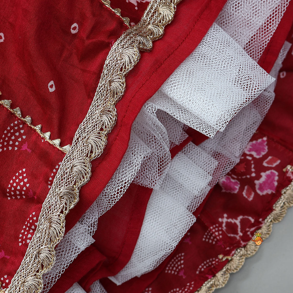 Pre Order: Printed Lace Work Chanderi Crop Top And Lehenga