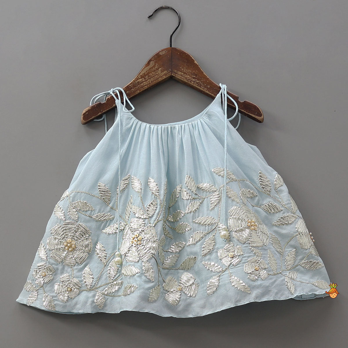 Pre Order: Gota Embroidered Strappy Top With Flared Lehenga And Dupatta